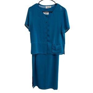 Plaza South Petite Two-Piece Sheer Overlay Tank Midi Dress Blue Size 8P Set